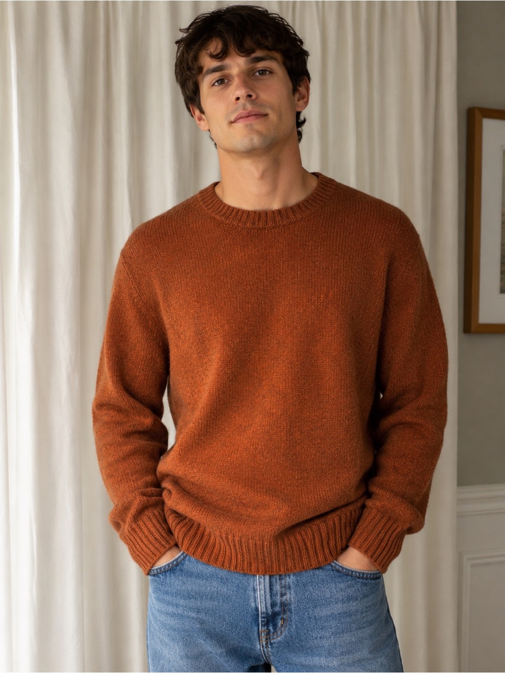 Men's Rust LL Bean Shetland Wool Crewneck Sweater